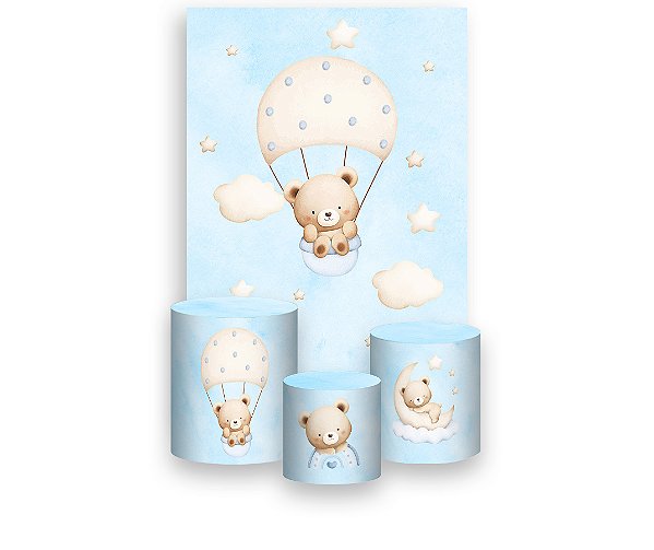 Painel De Festa Vertical 1,50 x 2,20 + Trio De Capas Cilindro - Ursinha Baloeira Azul 089