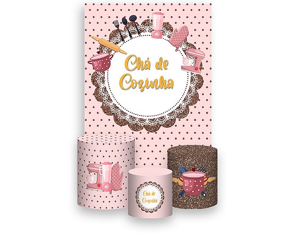 Painel De Festa Vertical 1,50 x 2,20 + Trio De Capas Cilindro - Chá de Cozinha Rosado com Poás 001