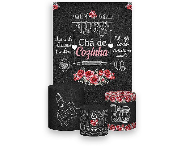 Painel De Festa Vertical 1,50 x 2,20 + Trio De Capas Cilindro - Chá de Cozinha Vermelho e Preto 003