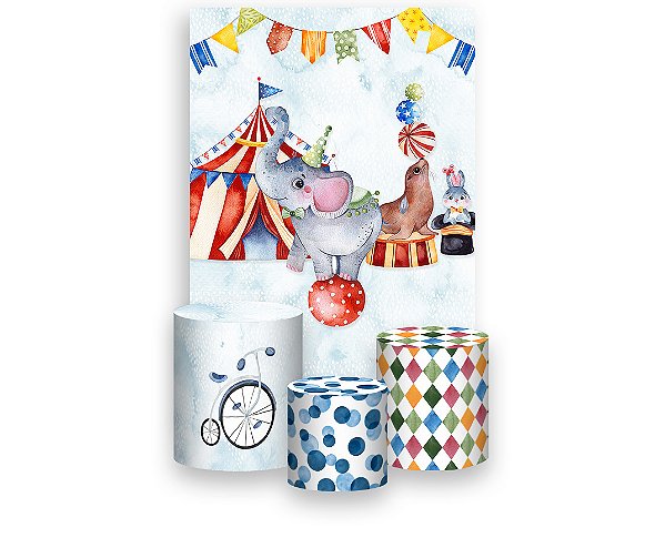 Painel De Festa Vertical 1,50 x 2,20 + Trio De Capas Cilindro - Circo Azul Aquarela 001