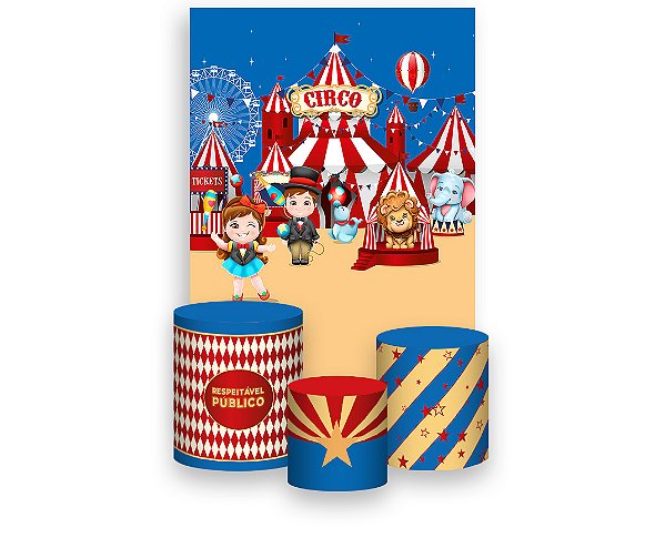 Painel De Festa Vertical 1,50 x 2,20 + Trio De Capas Cilindro - Circo Clássico Vermelho e Azul 004