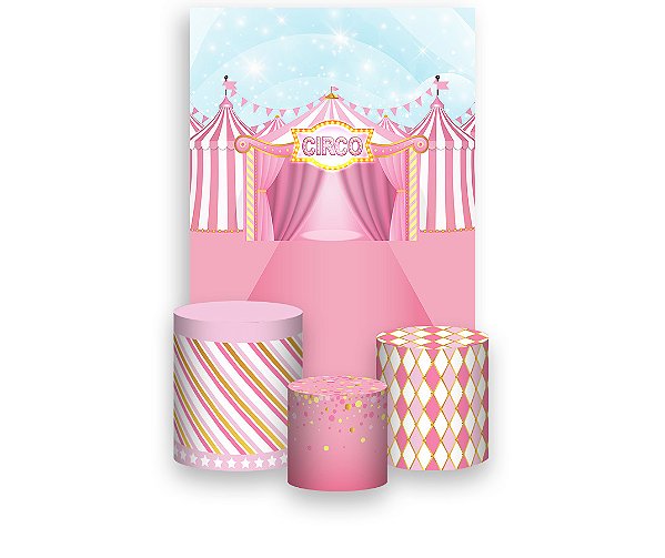 Painel De Festa Vertical 1,50 x 2,20 + Trio De Capas Cilindro - Circo Tenda Rosa 011