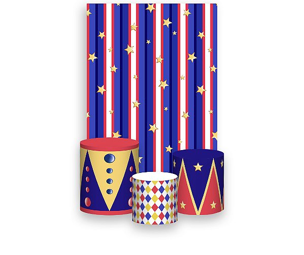 Painel De Festa Vertical 1,50 x 2,20 + Trio De Capas Cilindro - Circo Tradicional Vermelho e Azul 015