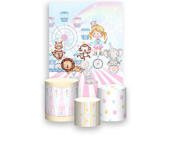 Painel De Festa Vertical 1,50 x 2,20 + Trio De Capas Cilindro - Mágica Circo Rosa 019