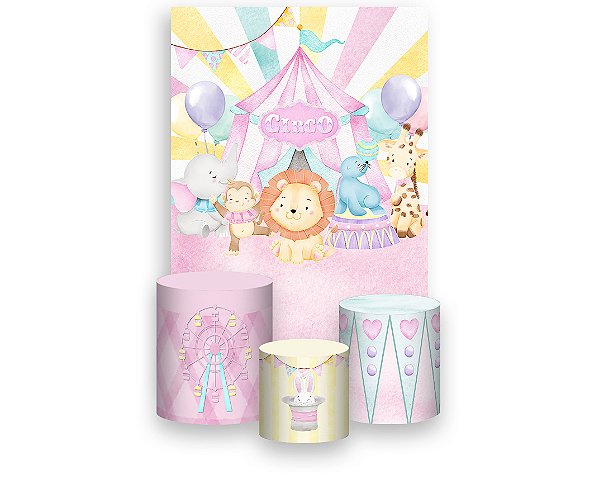 Painel De Festa Vertical 1,50 x 2,20 + Trio De Capas Cilindro - Leãozinho Circo Rosa 025