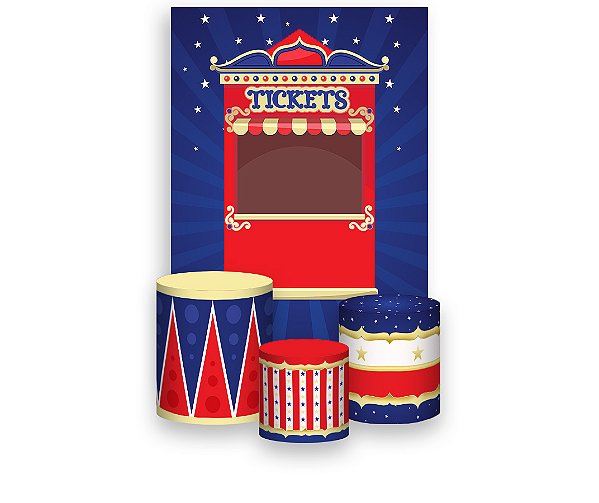 Painel De Festa Vertical 1,50 x 2,20 + Trio De Capas Cilindro - Circo Vermelho com Azul Marinho 032