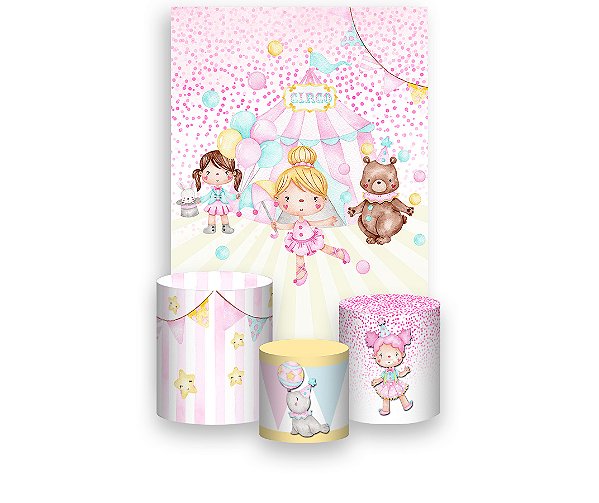 Painel De Festa Vertical 1,50 x 2,20 + Trio De Capas Cilindro - Circo Rosa com Bolinhas 036