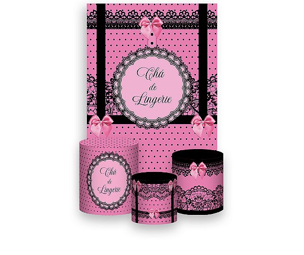 Painel De Festa Vertical 1,50 x 2,20 + Trio De Capas Cilindro - Chá de Lingerie Rosa e Preto 001