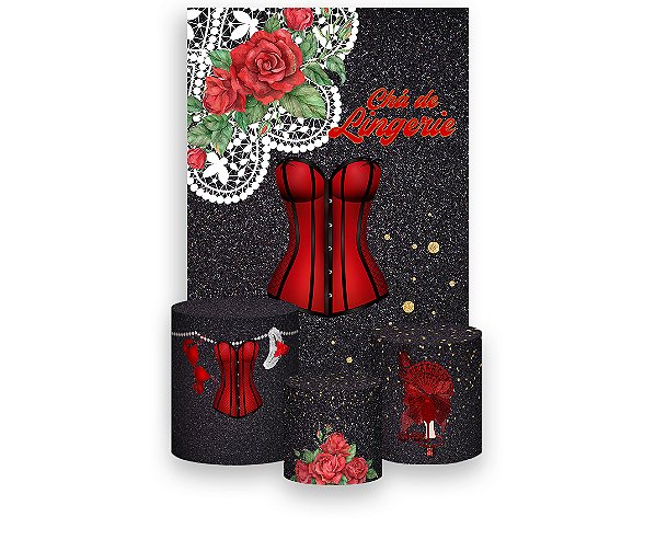 Painel De Festa Vertical 1,50 x 2,20 + Trio De Capas Cilindro - Chá de Lingerie Vermelho e Preto 003