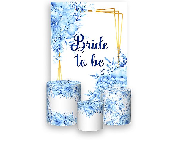 Painel De Festa Vertical 1,50 x 2,20 + Trio De Capas Cilindro - Bride To Be Floral Azul 006