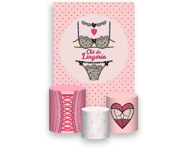 Painel De Festa Vertical 1,50 x 2,20 + Trio De Capas Cilindro - Chá de Lingerie Rosa com Poás 011