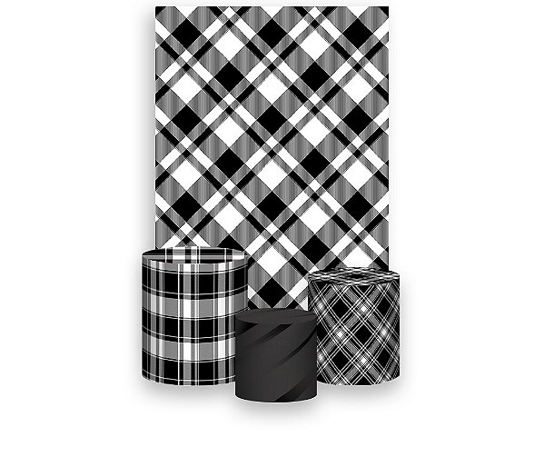 Painel De Festa Vertical 1,50 x 2,20 + Trio De Capas Cilindro - Estampa Xadrez Preto e Branco 001