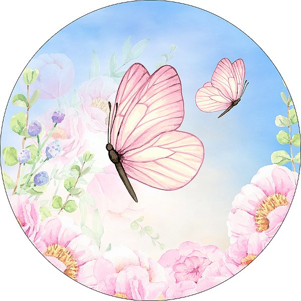 Painel De Festa Redondo 1,50x1,50 - Borboleta com Flor Peônia Azul e Rosa 046