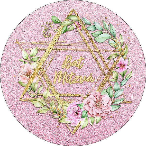 Painel De Festa Redondo 1,50x1,50 - Bat Mitzvá Judaico Rosa com Dourado 046