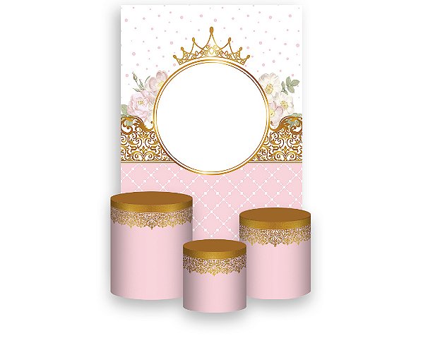 Painel De Festa Vertical 1,50 x 2,20 + Trio De Capas Cilindro - Coroa Realeza Rosa e Dourado 005