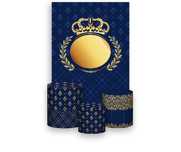 Painel De Festa Vertical 1,50 x 2,20 + Trio De Capas Cilindro - Coroa Realeza Azul e Dourado 006