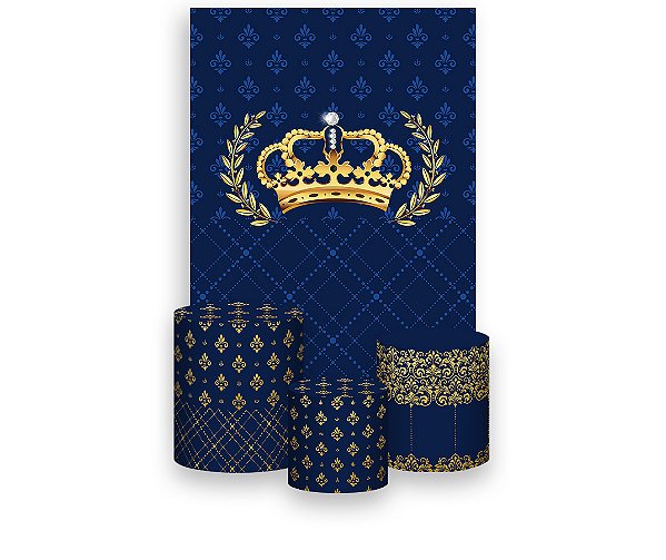 Painel De Festa Vertical 1,50 x 2,20 + Trio De Capas Cilindro - Realeza Azul Marinho e Dourado 007