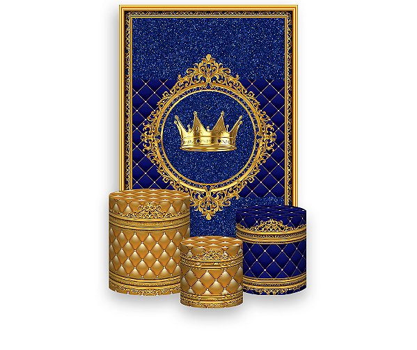 Painel De Festa Vertical 1,50 x 2,20 + Trio De Capas Cilindro - Coroa Realeza Azul e Dourado 010