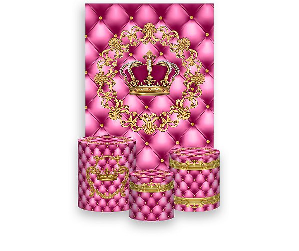 Painel De Festa Vertical 1,50 x 2,20 + Trio De Capas Cilindro - Coroa Realeza Capitonê Pink 016