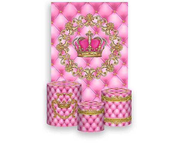 Painel De Festa Vertical 1,50 x 2,20 + Trio De Capas Cilindro - Coroa Realeza Capitonê Rosa 018