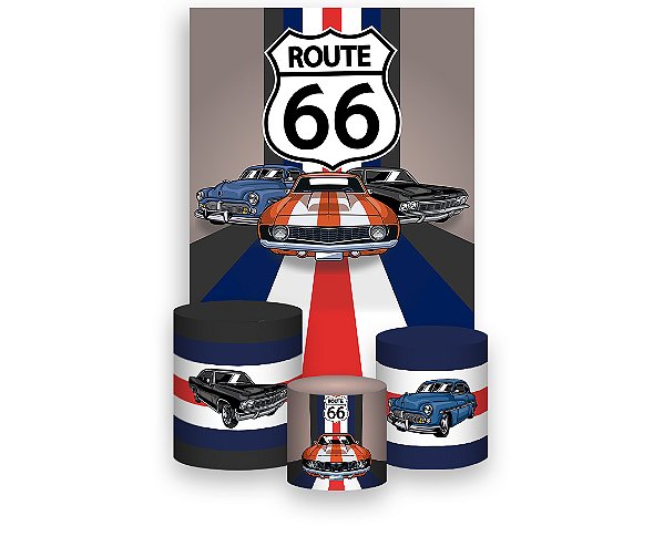Painel De Festa Vertical 1,50 x 2,20 + Trio De Capas Cilindro - Route 66 Carros Antigos 001