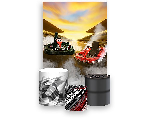 Painel De Festa Vertical 1,50 x 2,20 + Trio De Capas Cilindro - Kart Corrida 008