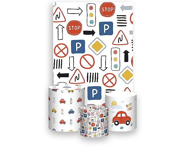 Painel De Festa Vertical 1,50 x 2,20 + Trio De Capas Cilindro - Carros Placas de Sinalização 015
