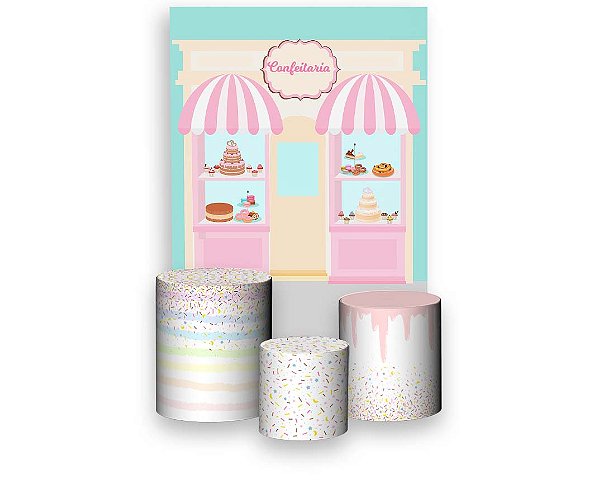 Painel De Festa Vertical 1,50 x 2,20 + Trio De Capas Cilindro - Confeitaria Rosa Suave 004