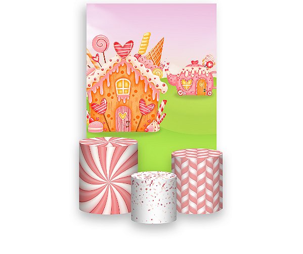 Painel De Festa Vertical 1,50 x 2,20 + Trio De Capas Cilindro - Casinha de Doces 006