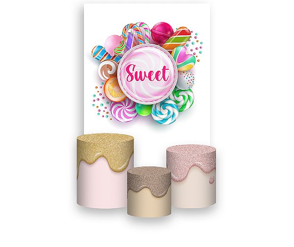 Painel De Festa Vertical 1,50 x 2,20 + Trio De Capas Cilindro - Sweet Doces Diversos 014