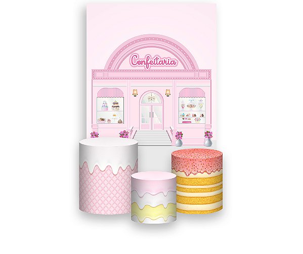 Painel De Festa Vertical 1,50 x 2,20 + Trio De Capas Cilindro - Vitrine Confeitaria Rosa 015