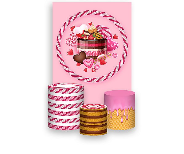 Painel De Festa Vertical 1,50 x 2,20 + Trio De Capas Cilindro - Confeitaria Doce Rosa 017