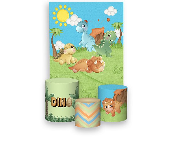 Painel De Festa Vertical 1,50 x 2,20 + Trio De Capas Cilindro - Dinossauros Baby Cute 006