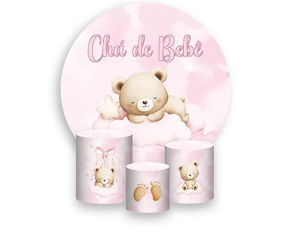 Painel De Festa Redondo 1,50 x 1,50 + Trio De Capas Cilindro - Chá de Bebê Ursinha Rosa e Bege 067