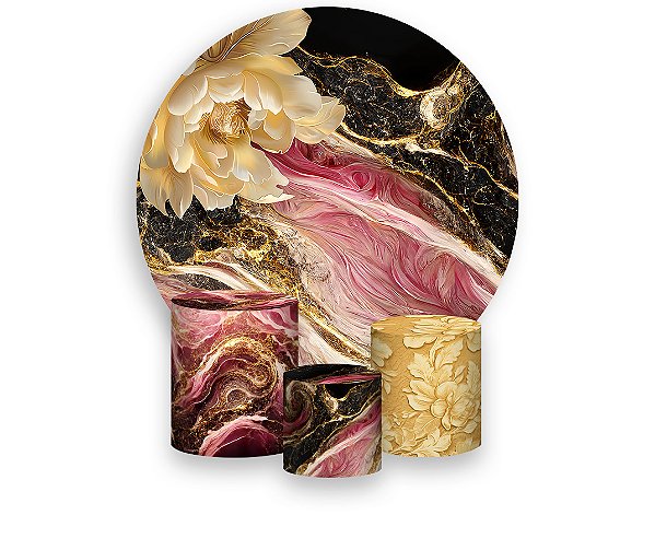 Painel De Festa Redondo 1,50 x 1,50 + Trio De Capas Cilindro - Efeito Mármore Preto com Rosa e Dourado 101