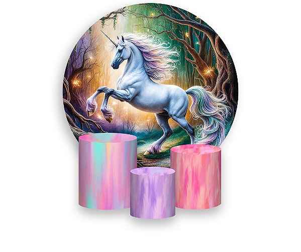Painel De Festa Redondo 1,50 x 1,50 + Trio De Capas Cilindro - Unicórnio na Floresta Encantada 016