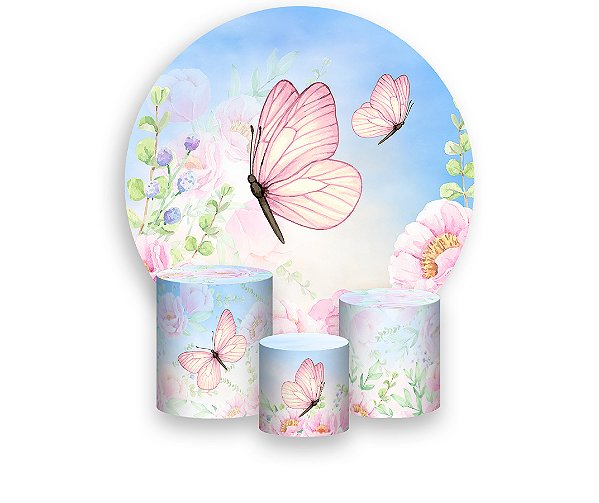 Painel De Festa Redondo 1,50 x 1,50 + Trio De Capas Cilindro - Borboleta com Flor Peônia Azul e Rosa 029