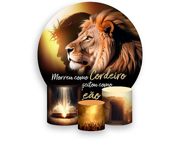 Painel De Festa Redondo 1,50 x 1,50 + Trio De Capas Cilindro - Ressuscitou como Leão 047