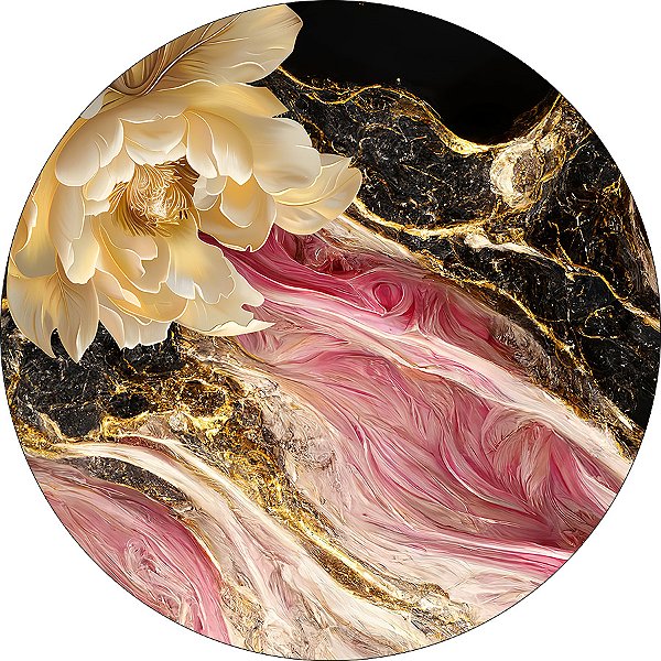Painel De Festa Redondo 1,50x1,50 - Efeito Mármore Rosa e Dourado 196