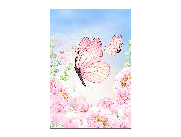Painel De Festa Vertical 1,50 x 2,20 - Borboleta com Flor Peônia Azul e Rosa 051