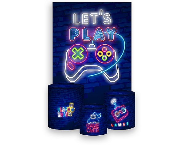 Painel De Festa Vertical 1,50 x 2,20 + Trio De Capas Cilindro - Video Game Azul e Vermelho 016