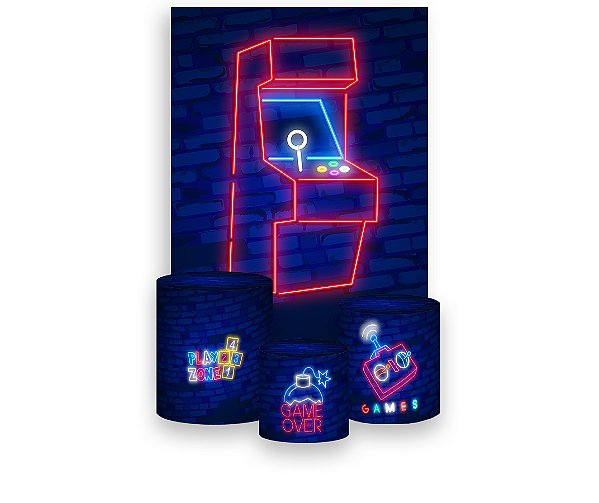 Painel De Festa Vertical 1,50 x 2,20 + Trio De Capas Cilindro - Maquina De Jogos 020