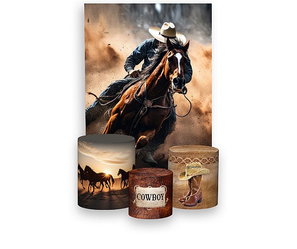 Painel De Festa Vertical 1,50 x 2,20 + Trio De Capas Cilindro - Caubói Realista 014