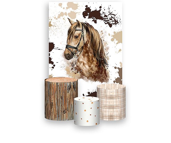Painel De Festa Vertical 1,50 x 2,20 + Trio De Capas Cilindro - Country Cavalo Aquarela 019