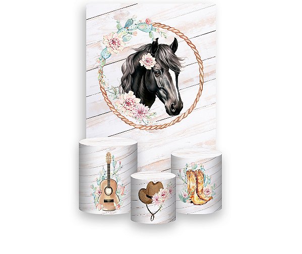 Painel De Festa Vertical 1,50 x 2,20 + Trio De Capas Cilindro - Cavalo Com Flores Elegante 025