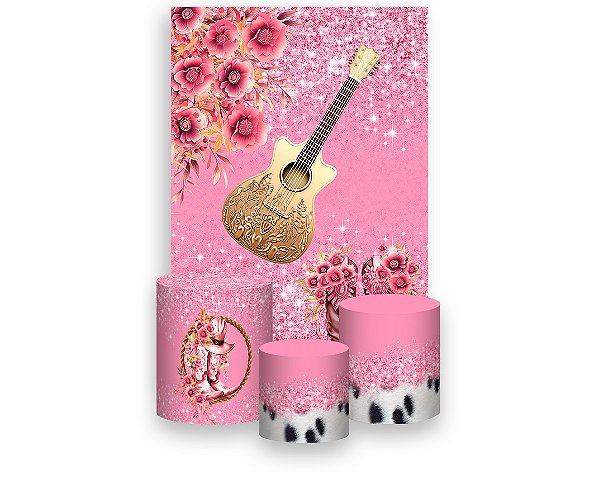 Painel De Festa Vertical 1,50 x 2,20 + Trio De Capas Cilindro - Violão Boiadeira Flores Rosas 027