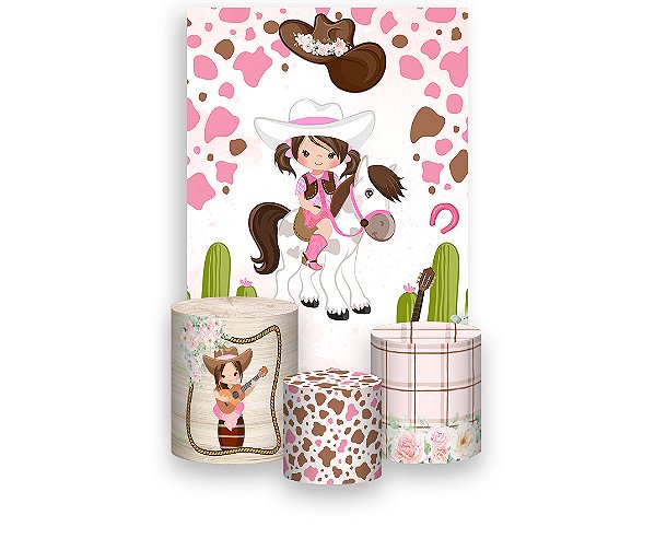 Painel De Festa Vertical 1,50 x 2,20 + Trio De Capas Cilindro - Country Boiadeira Morena com Flores Rosa 031