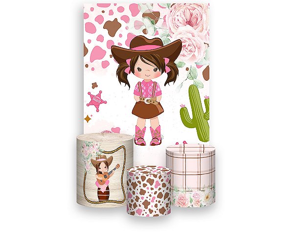 Painel De Festa Vertical 1,50 x 2,20 + Trio De Capas Cilindro - Country Rosa Boiadeira Morena com Flores 032