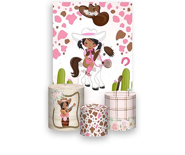 Painel De Festa Vertical 1,50 x 2,20 + Trio De Capas Cilindro - Country Rosa Boiadeira com Flores 033