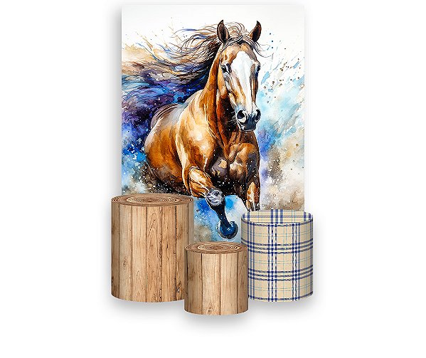 Painel De Festa Vertical 1,50 x 2,20 + Trio De Capas Cilindro - Cavalo Cowboy Azul 035